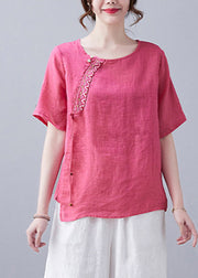 Einfache Rose O-Neck Asymmetrisches Design Besticktes Top Kurzarm