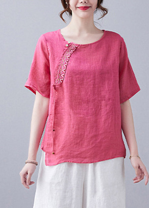 Einfache Rose O-Neck Asymmetrisches Design Besticktes Top Kurzarm