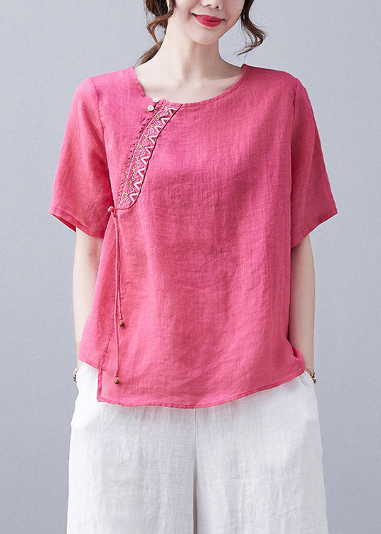 Einfache Rose O-Neck Asymmetrisches Design Besticktes Top Kurzarm