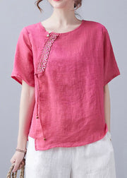 Einfache Rose O-Neck Asymmetrisches Design Besticktes Top Kurzarm