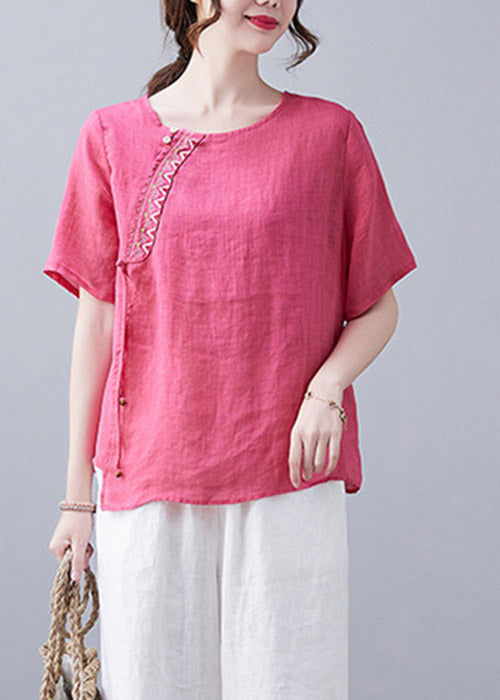 Einfache Rose O-Neck Asymmetrisches Design Besticktes Top Kurzarm