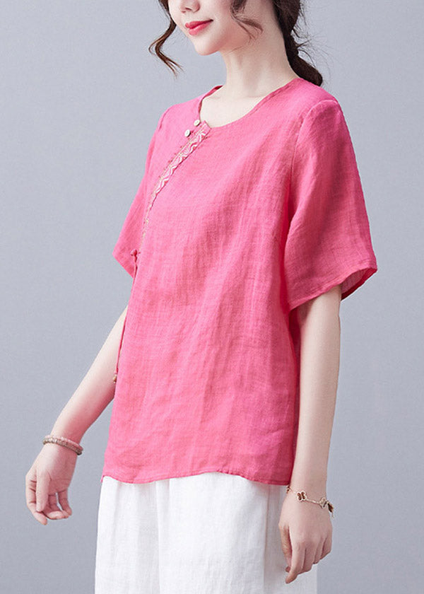 Einfache Rose O-Neck Asymmetrisches Design Besticktes Top Kurzarm