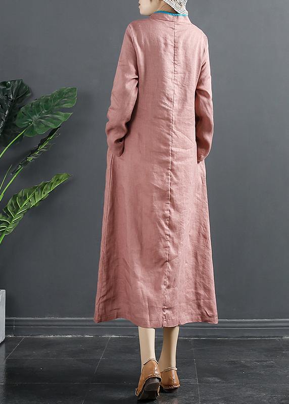 Simple Stand Collar Tunics Pink Embroidery Robe Dresses - SooLinen
