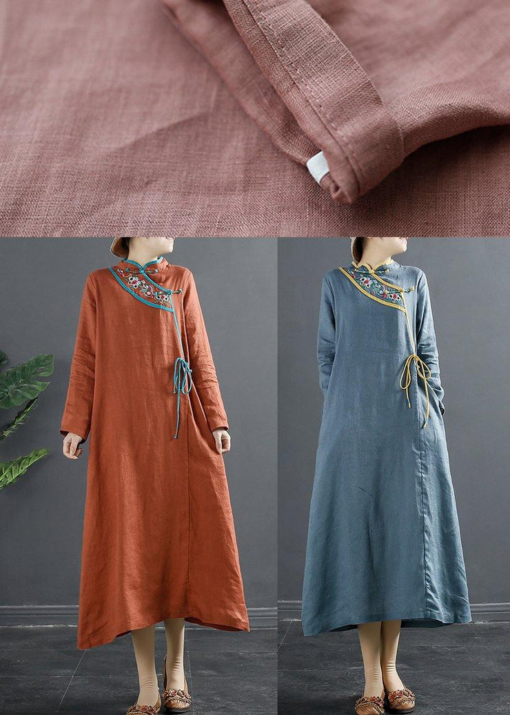 Simple Stand Collar Tunics Pink Embroidery Robe Dresses - SooLinen