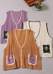 Simple Yellow Pockets Button Embroideried Fall Knit Vest - SooLinen