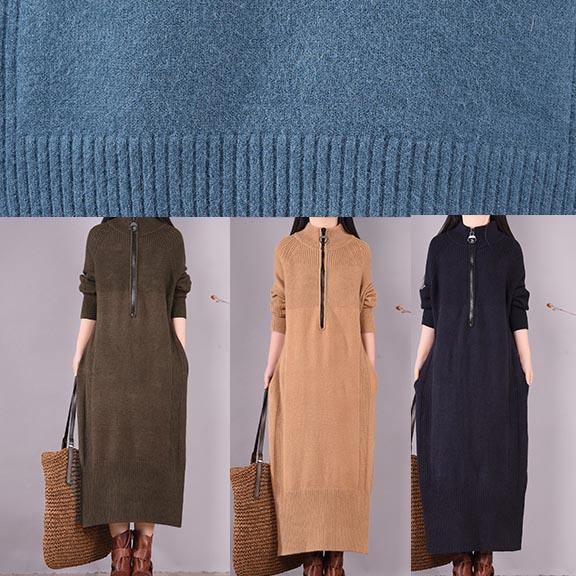 Simple Zippered Pockets Spring Clothes For Women Work Outfits Blue Robes Dresses - SooLinen
