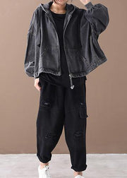 Simple black Fine tunics for women Neckline hooded zippered women coats - SooLinen