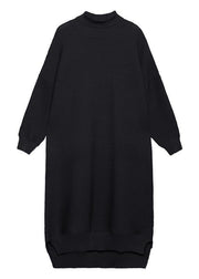 Simple black Sweater outfits Largo high neck low high design Art fall knit dress - SooLinen