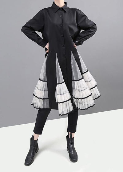 Simple black cotton clothes big hem Maxi patchwork shirt Dress - SooLinen