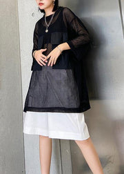 Simple black cotton tops women o neck half sleeve Plus Size Clothing shirt - SooLinen