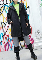 Simple black hooded Fine tunic pattern Work Outfits low high design fall outwears - SooLinen