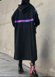Simple black patchwork cotton quilting clothes side open Maxi hooded Dress - SooLinen