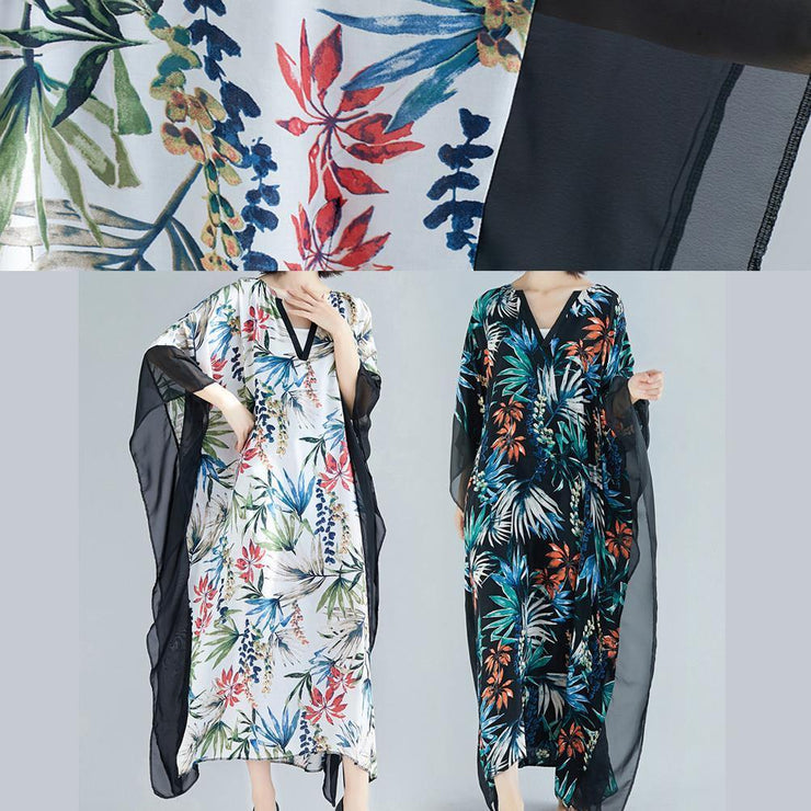 Simple black print chiffon dresses Omychic Fashion Ideas v neck patchwork Traveling Summer Dress - SooLinen