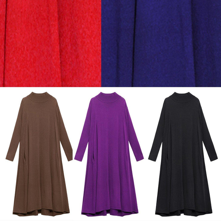 Simple blue Sweater dress outfit Street Style high neck pockets Ugly knit dresses - SooLinen