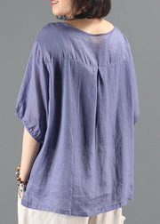 Simple blue embroidery top Sewing o neck short sleeve shirts - SooLinen