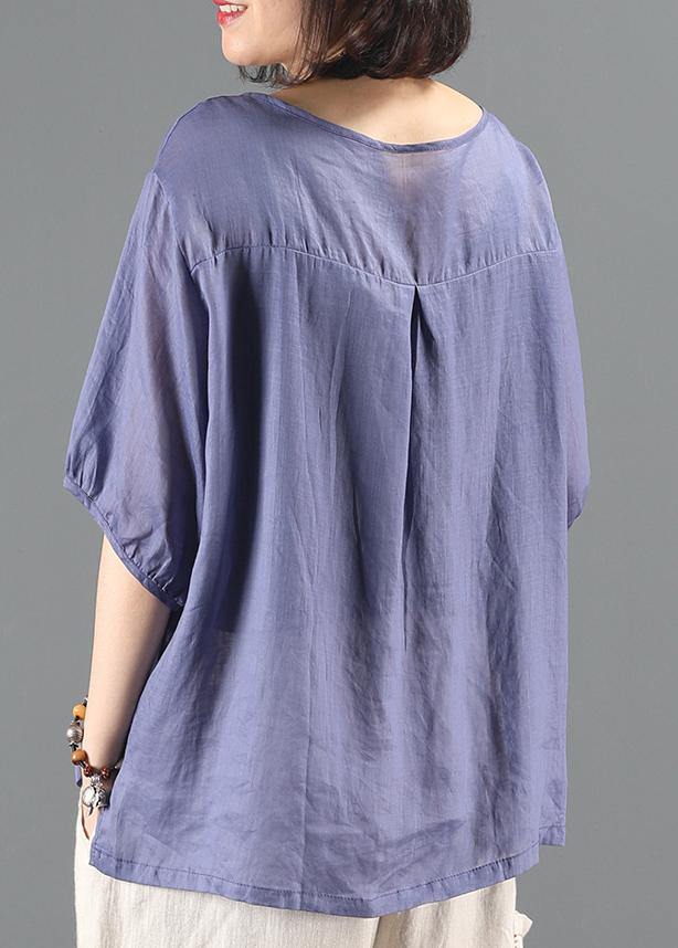 Simple blue embroidery top Sewing o neck short sleeve shirts - SooLinen