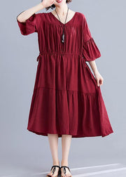 Simple burgundy Cotton clothes v neck drawstring summer Dresses - SooLinen