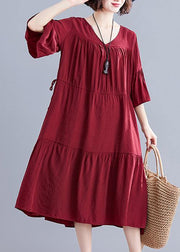 Simple burgundy Cotton clothes v neck drawstring summer Dresses - SooLinen