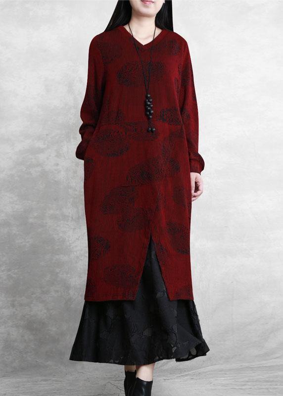 Simple burgundy clothes For Women v neck pockets long Dresses - SooLinen