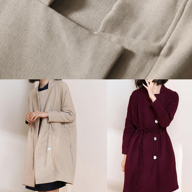 Simple drawstring Plus Size spring maxi coat nude Plus Size Clothing coats - SooLinen