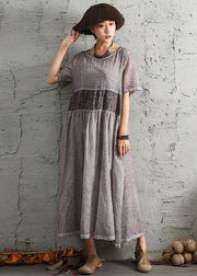 Simple gray short sleeve cotton dresses patchwork cotton summer Dresses - SooLinen