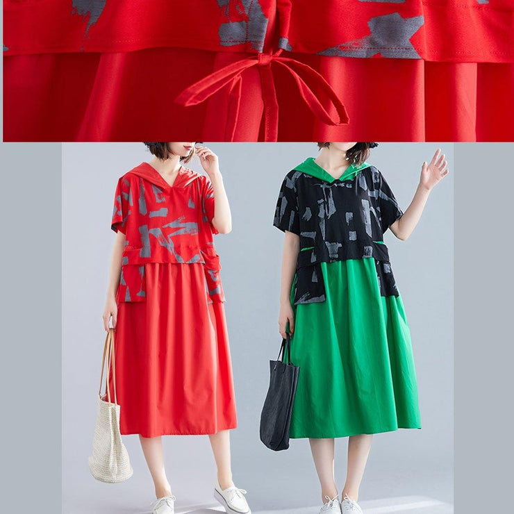 Simple green hooded cotton clothes patchwork Art summer Dresses - SooLinen