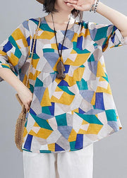 Simple green print linen clothes For Women Shape o neck lantern sleeve summer top - SooLinen