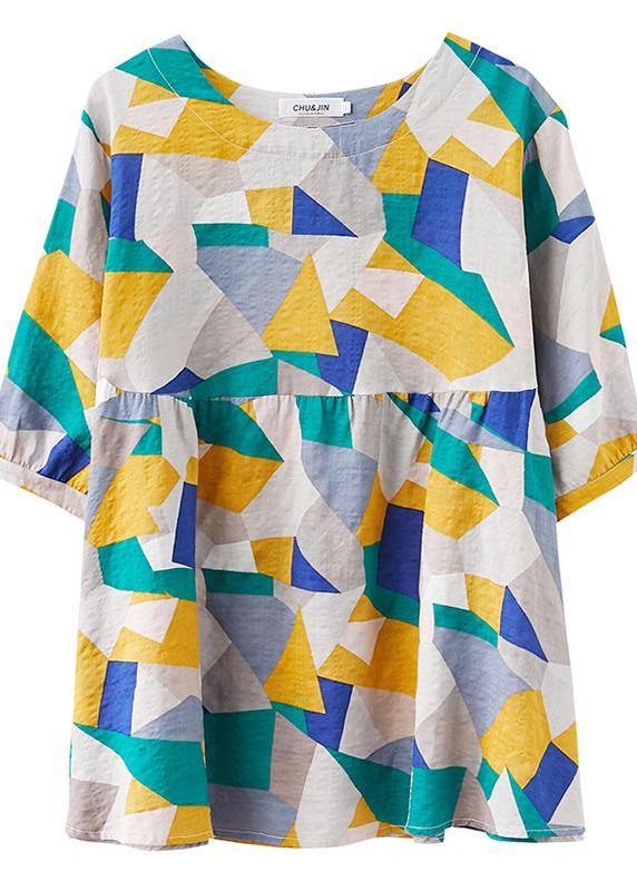 Simple green print linen clothes For Women Shape o neck lantern sleeve summer top - SooLinen