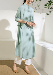 Simple green tunic top stand collar tie waist Dress - SooLinen