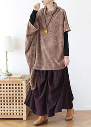 Simple high neck asymmetric cotton tops women khaki tops - SooLinen