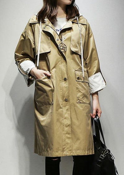 Simple hooded drawstring Fine Coats Women khaki cotton women coats - SooLinen