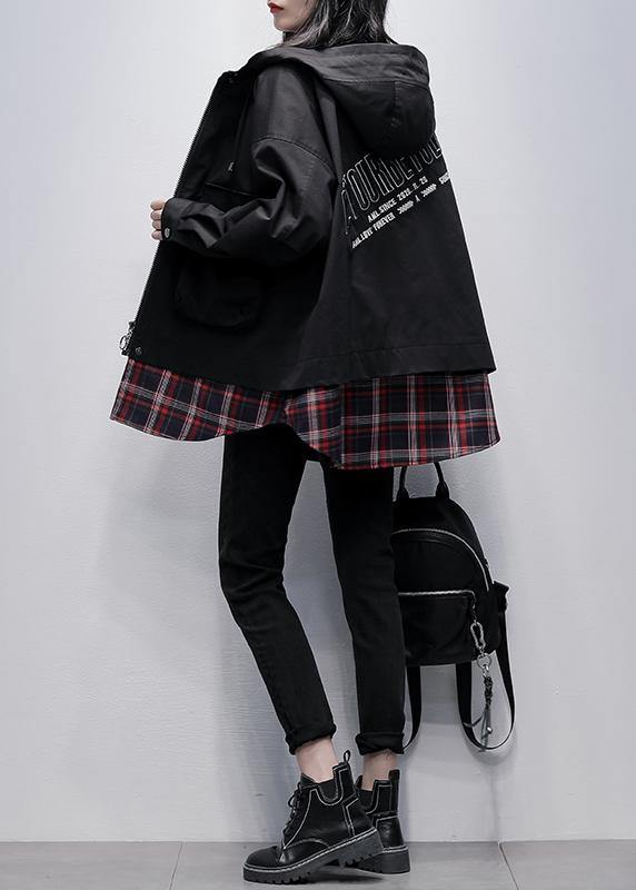 Simple hooded pockets Plus Size tunics for women black patchwork plaid oversized coat - SooLinen