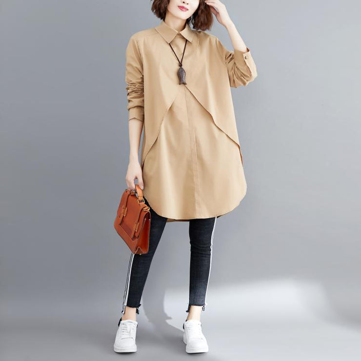 Simple khaki cotton Blouse 2025 pattern lapel asymmetric short blouses