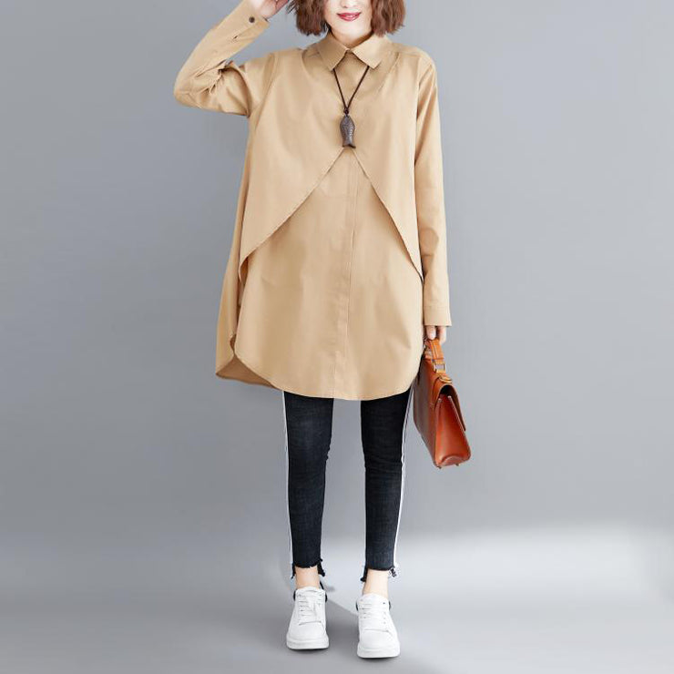Simple khaki cotton Blouse 2025 pattern lapel asymmetric short blouses