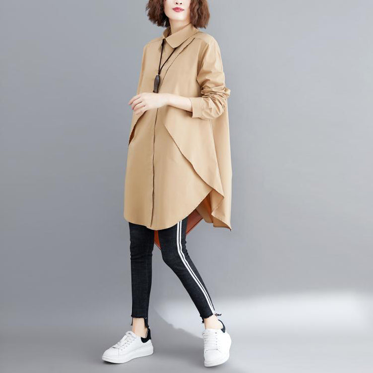 Simple khaki cotton Blouse 2025 pattern lapel asymmetric short blouses
