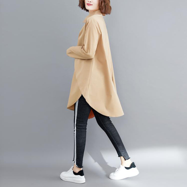 Simple khaki cotton Blouse 2025 pattern lapel asymmetric short blouses