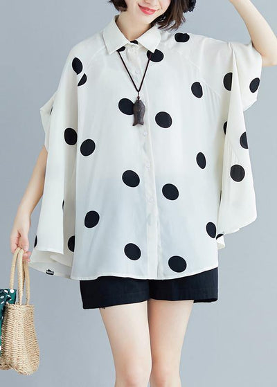 Simple lapel chiffon kaftans Pakistani white dotted Plus Size shirt Summer - SooLinen