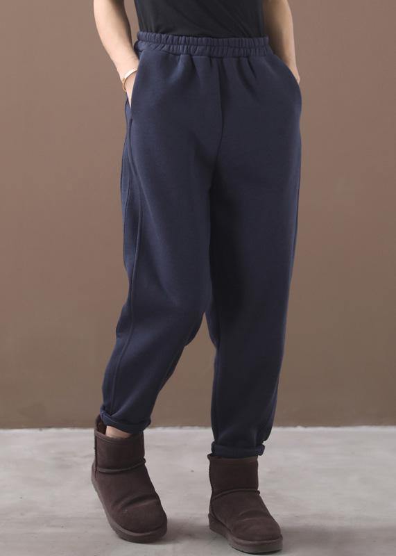 Simple navy winter Jeans  thick elastic waist Inspiration women trousers - SooLinen