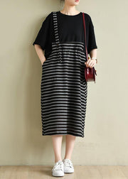 Simple o neck clothes Women Runway black patchwork striped Maxi Dress - SooLinen