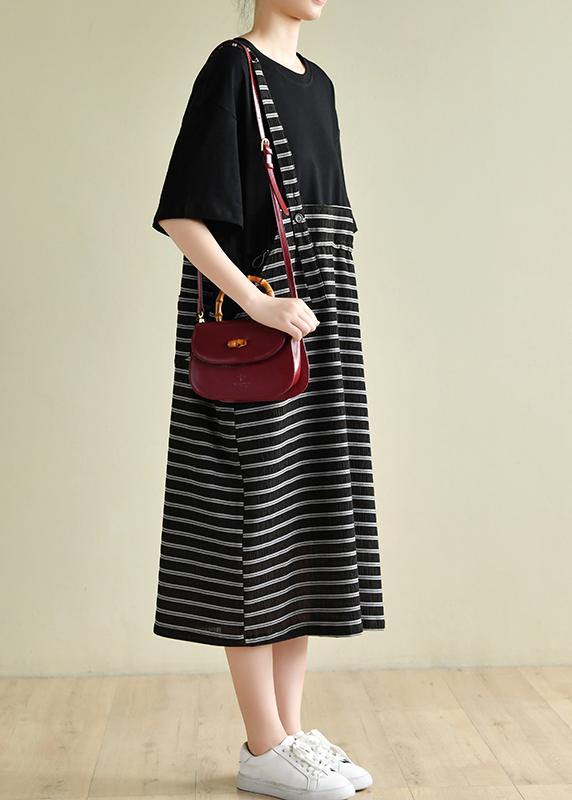 Simple o neck clothes Women Runway black patchwork striped Maxi Dress - SooLinen