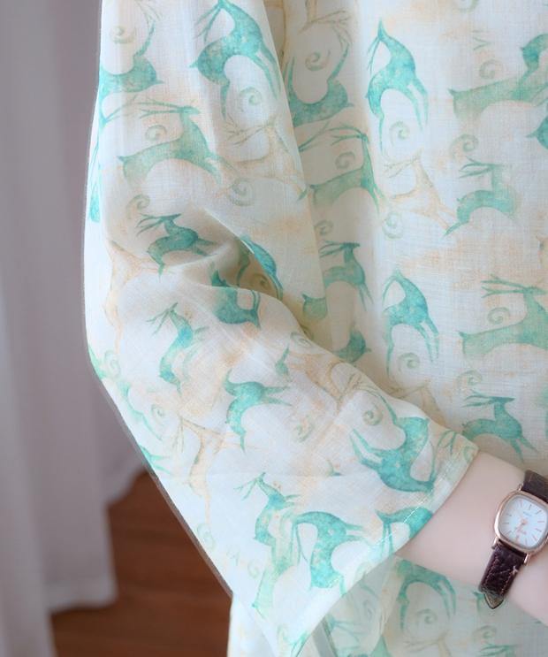 Simple o neck half sleeve clothes Tutorials green print top - SooLinen
