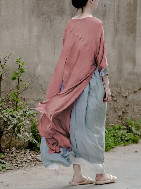 Simple o neck large hem clothes For Women Neckline pink Maxi Dress - SooLinen