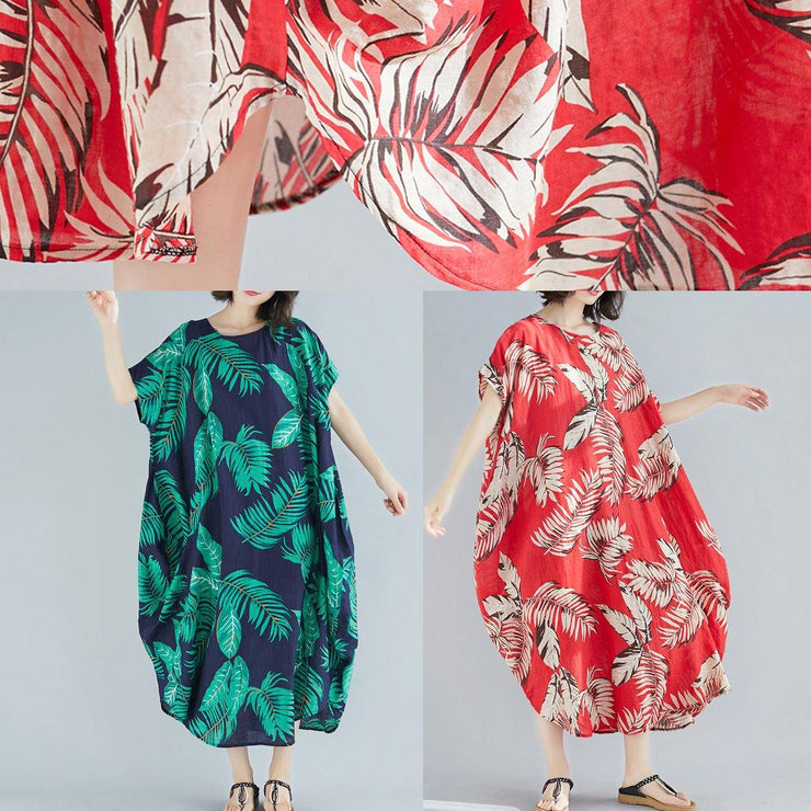 Simple o neck pockets linen cotton quilting clothes Runway blue print Dress summer - SooLinen