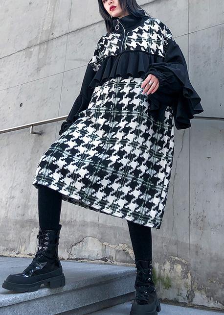 Simple patchwork Cotton dresses stand collar ruffles Dresses - SooLinen
