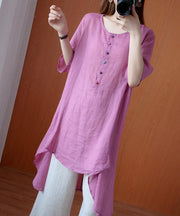 Simple pink clothes For Women o neck asymmetric Midi blouse - SooLinen