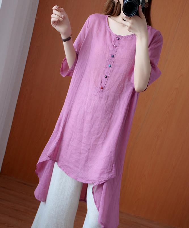Simple pink clothes For Women o neck asymmetric Midi blouse - SooLinen