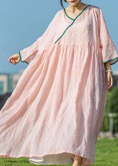 Simple pink linen Robes v neck exra large hem Maxi summer Dresses - SooLinen