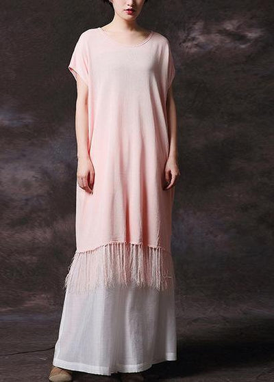 Simple pink tassel cotton Long Shirts o neck loose summer Dress - SooLinen