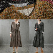 Simple red print top stand collar drawstring Plus Size fall Dress - SooLinen