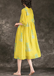 Simple v neck tie waist Chiffon clothes plus size Runway yellow print short Dress Summer